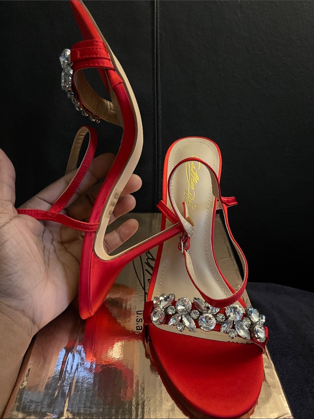 Cathy Din Women’s 4.5” Red Crystal Embellished Ankle Strap Sandals Sz 9 NWB - Picture 5 of 16